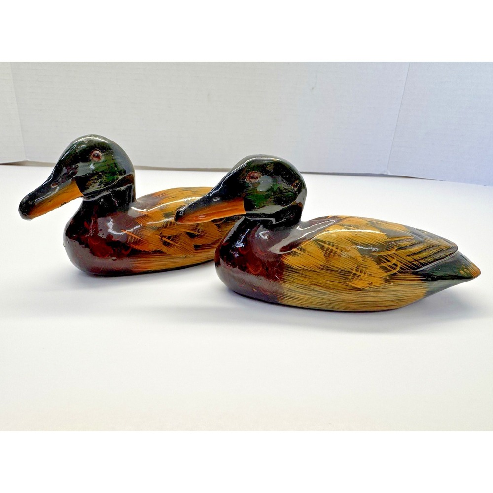 2 Small Wooden Carved Ducks Painted Lacquer Glossy